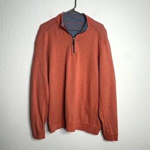 Tommy Bahama Sweater Mens Orange Logo Tight Knit Ribbed Mock Neck Quarter Zip XL